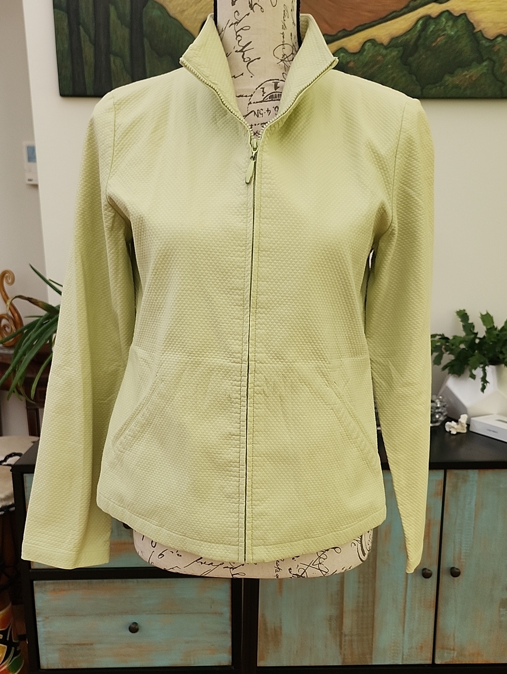 Eileen Fisher Lime Waffle Knit Zip Up Mock Neck Jacket